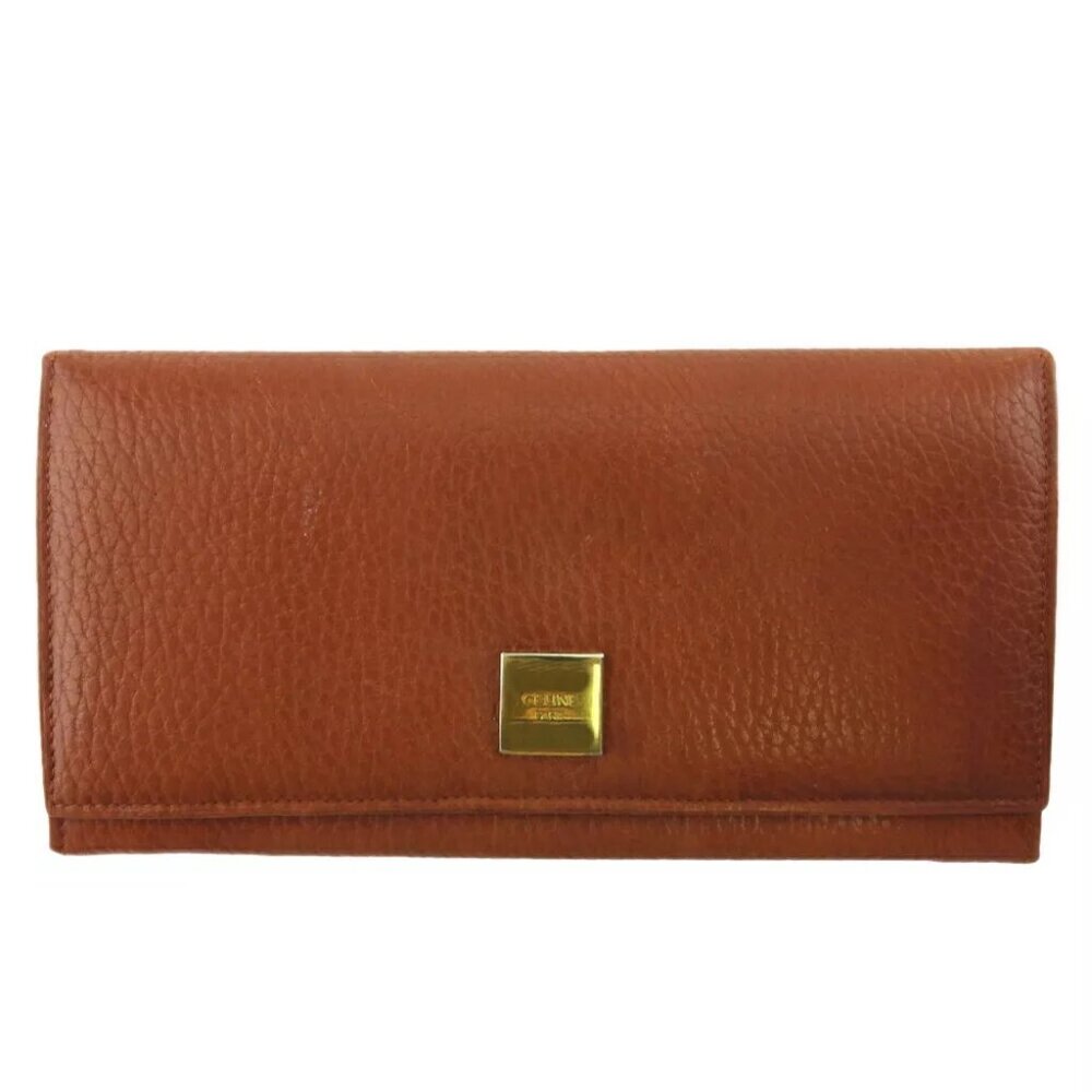 Celine Long Wallet Logo Plate Leather Authentic USED